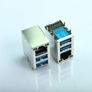 RJ45+USB3.0双层母座连接器带变压器滤波器千兆带灯接口座子